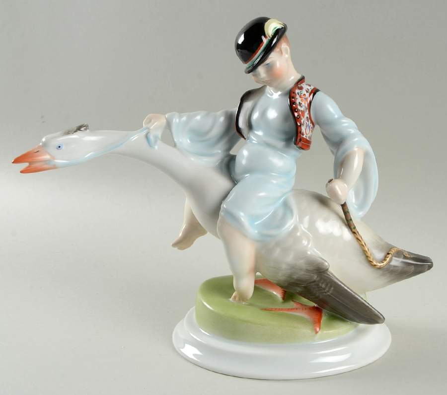 Children Boy Riding Goose-Natural/Blue - No Box by Herend-1