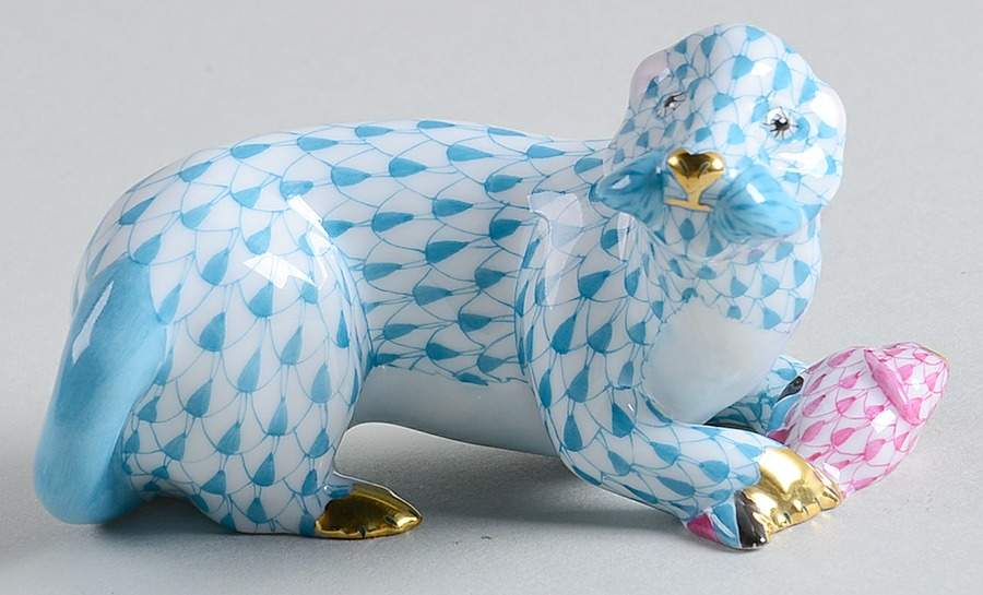 Sea Marine Animals Sea Otter W/Fish-Turquoise - No Box by Herend-1