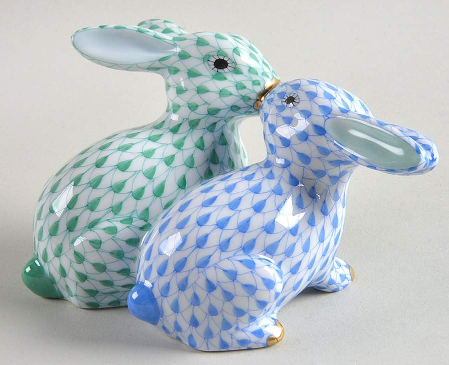 Rabbits & Bunnies (More Than 1) Kissing Bunnies-Blue/Green - No Box by Herend-1