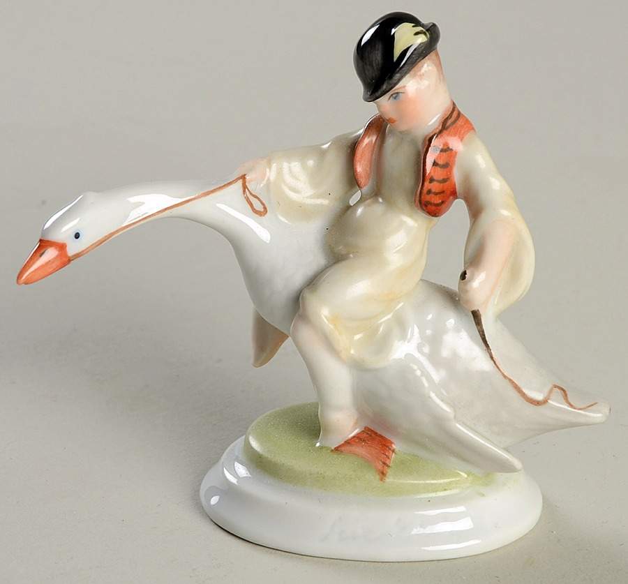 Children Boy Riding A Goose-Natural - No Box by Herend-1