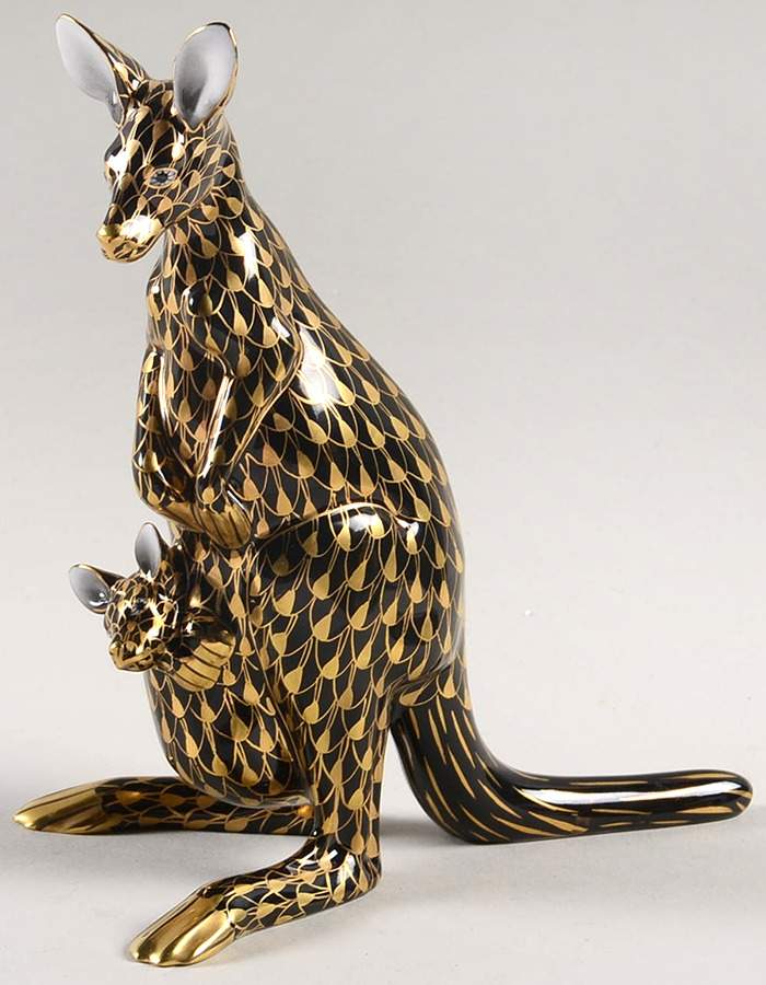Wild Animals Kangaroo W/Baby-Black/Gold - No Box by Herend-1