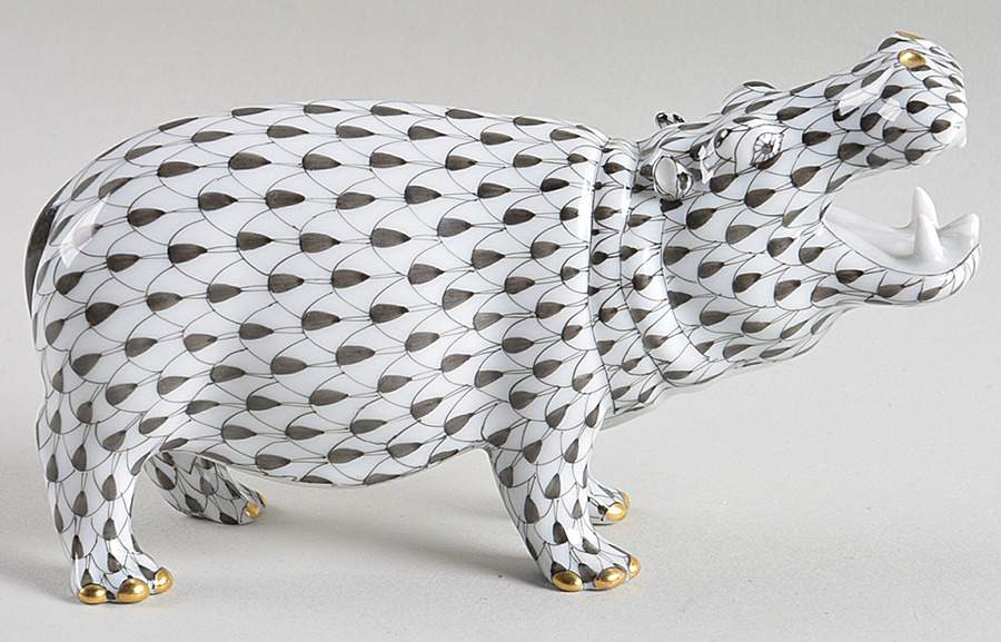 Hippos & Rhinos Yawning Hippo-Black - No Box by Herend-1