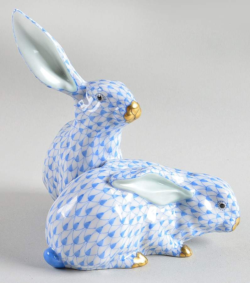 Rabbits & Bunnies (More Than 1) Pair Of Rabbits-Blue - No Box by Herend-1