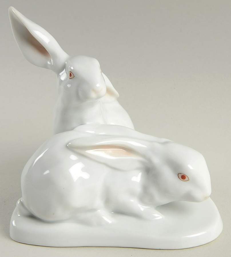Rabbits & Bunnies (More Than 1) Pair Of Rabbits-Natural/White - No Box by Herend-1