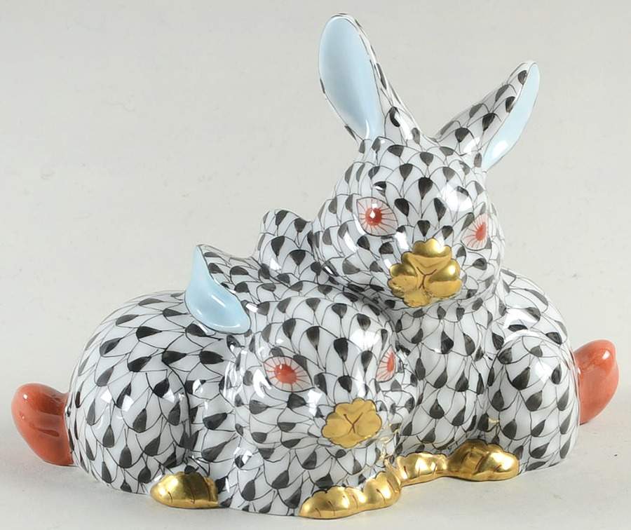 Rabbits & Bunnies (More Than 1) Cuddly Rabbits-Black/Red Eyes - No Box by Herend-1