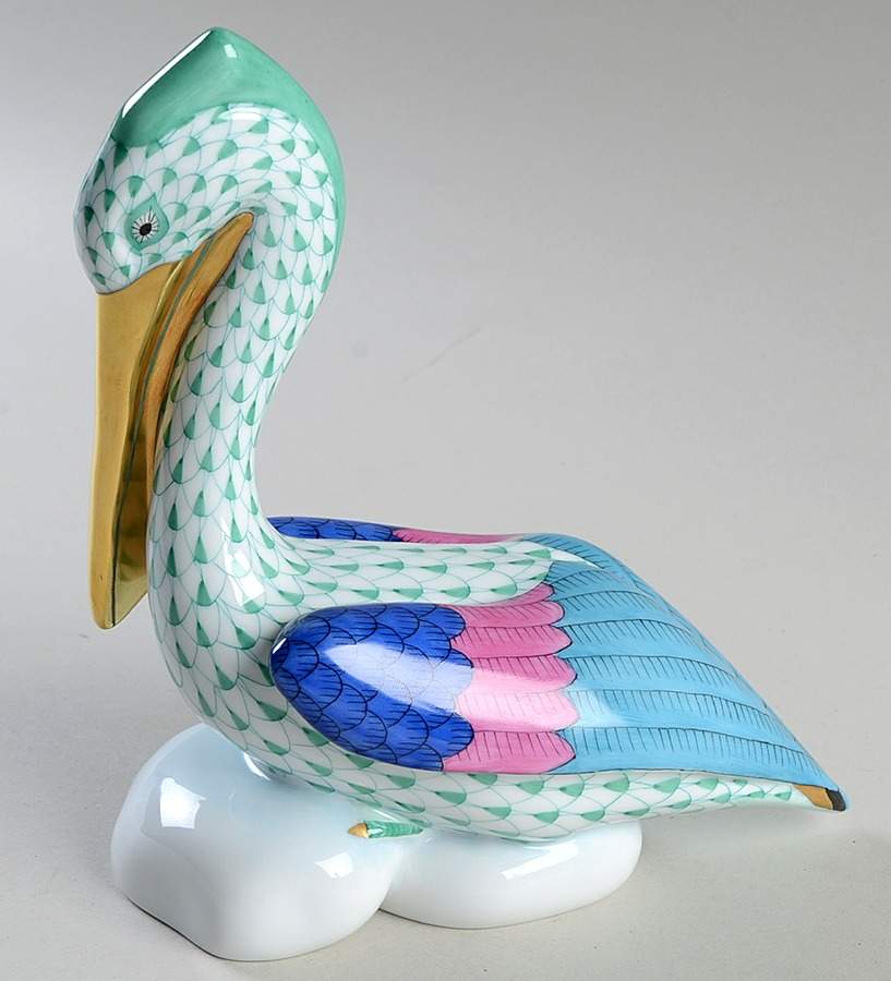 Waterfowl Pelican On Rocks-Green - No Box by Herend-1