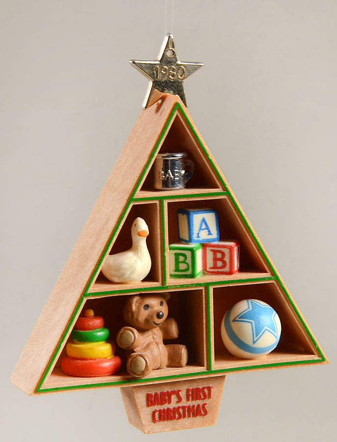 1980 Hallmark Christmas Ornaments Baby's First Christmas-Toys On Shelf - Boxed by Hallmark Gold Crown-1