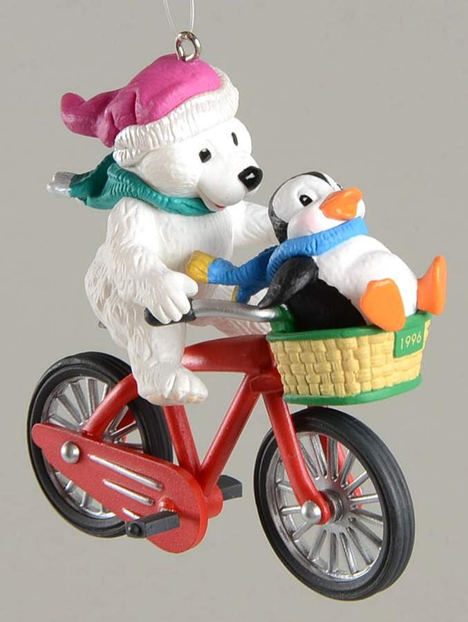 1996 Hallmark Christmas Ornaments Polar Cycle-Polar Bear & Penguin On Bike - Boxed by Hallmark Gold Crown-1