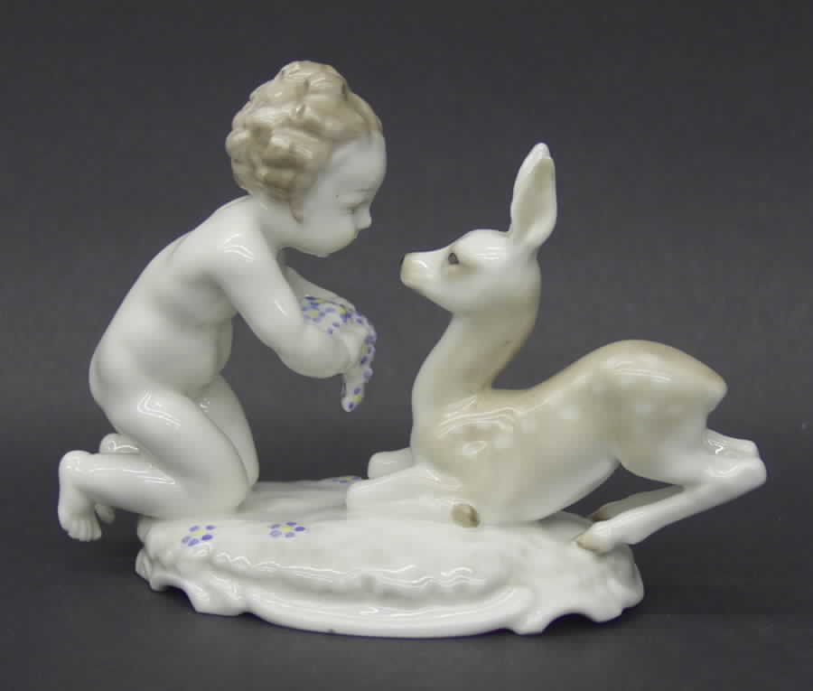 Children Fawn With Child-Blue Flowers - Boxed by Hutschenreuther-1