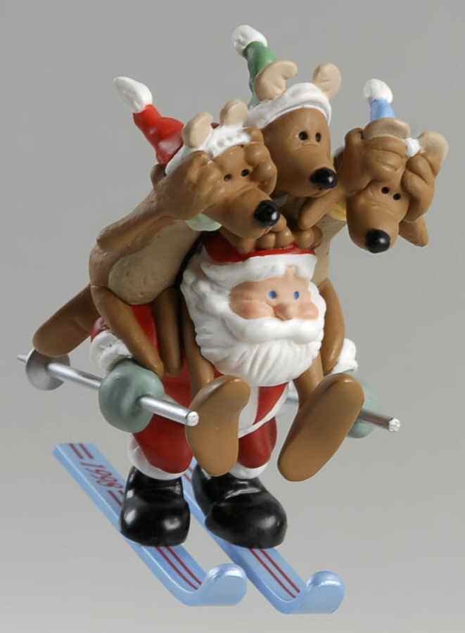 1998 Hallmark Christmas Ornaments Downhill Dash-Santa And Reindeer On Skis - Boxed by Hallmark Gold Crown-1