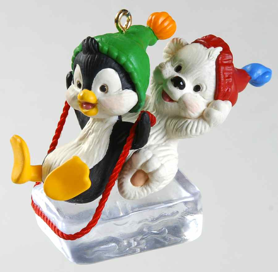 1999 Hallmark Christmas Ornaments Sleddin' Buddies-Penguin And Polar Bear - Boxed by Hallmark Gold Crown-1