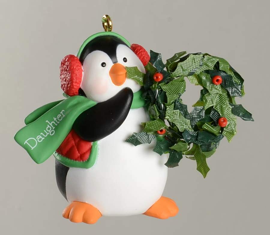 2003 Hallmark Christmas Ornaments Daughter-Penguin With Wreath - Boxed by Hallmark Gold Crown-1