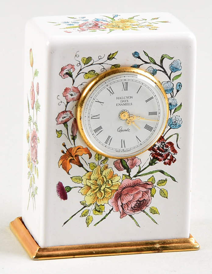 Halcyon Days Clocks White Mini Clock With Flowers - Boxed by Halcyon Days-1