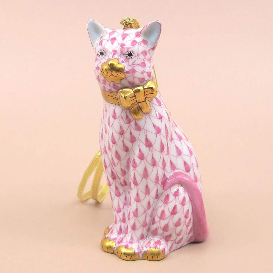 Herend Ornaments-Bells Cat With Bow-Raspberry - No Box by Herend-1