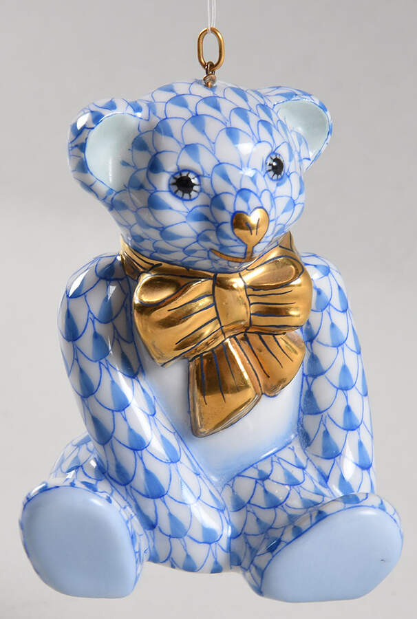 Herend Ornaments-Bells Teddy Bear With Bow - Blue - No Box by Herend-1
