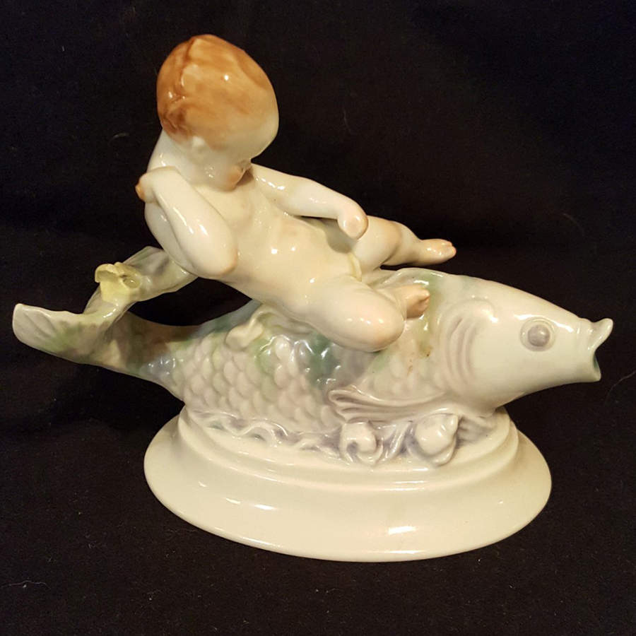 Children Baby Boy Riding On A Fish - No Box by Herend-1