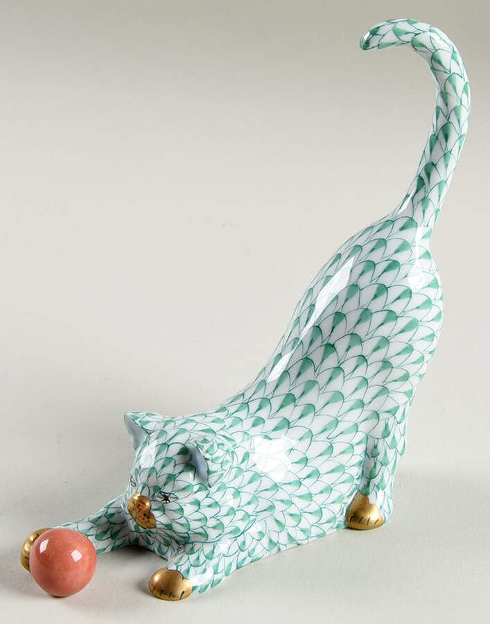 Cats Cat With Ball- Green Design All Over - No Box Nb48a by Herend-1