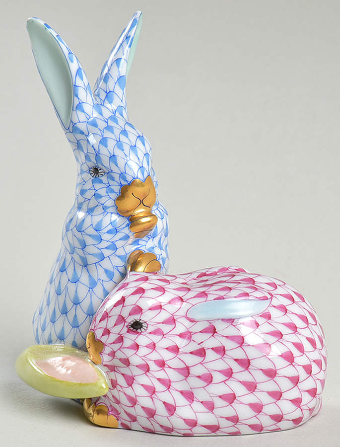 Rabbits & Bunnies (More Than 1) Pair Of Rabbits W/Corn-Blue/Raspberry - No Box by Herend-1