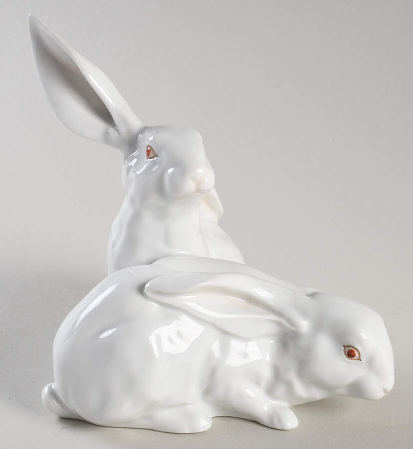 Rabbits & Bunnies (More Than 1) Pair Of Rabbits-Natural/White - No Box by Herend-1