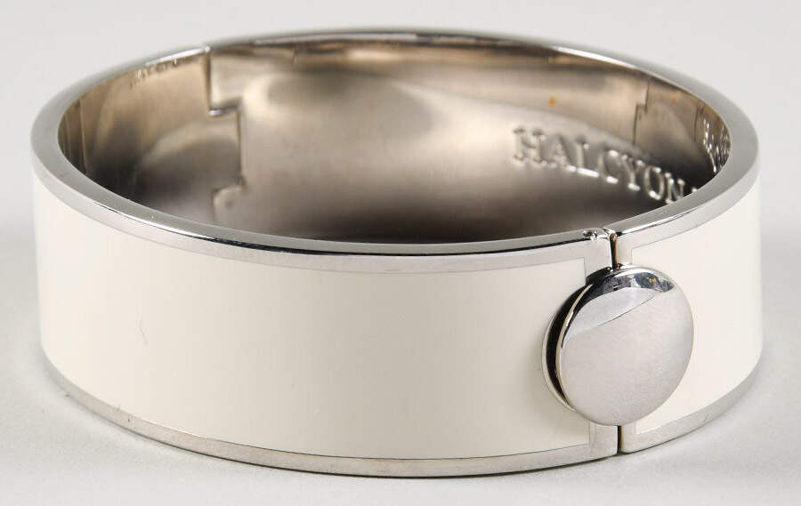 Halcyon Days Jewelry 2cm Hinged White & Silver Bangle - Boxed by Halcyon Days-1