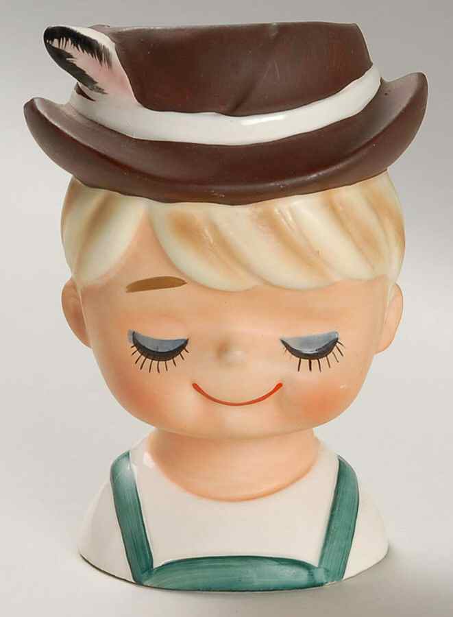Inarco Head Vases Boy Closed Eyes Brn Hat/Feathe - No Box by Inarco (Japan)-1