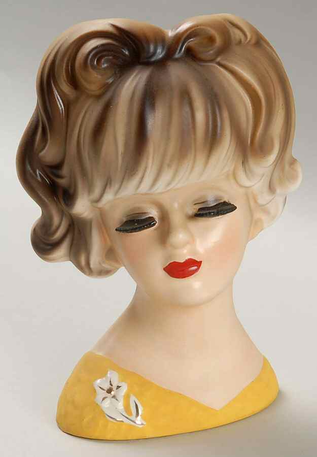 Inarco Head Vases Lady Ylw Dress/Flwr Brn Hair - No Box by Inarco (Japan)-1