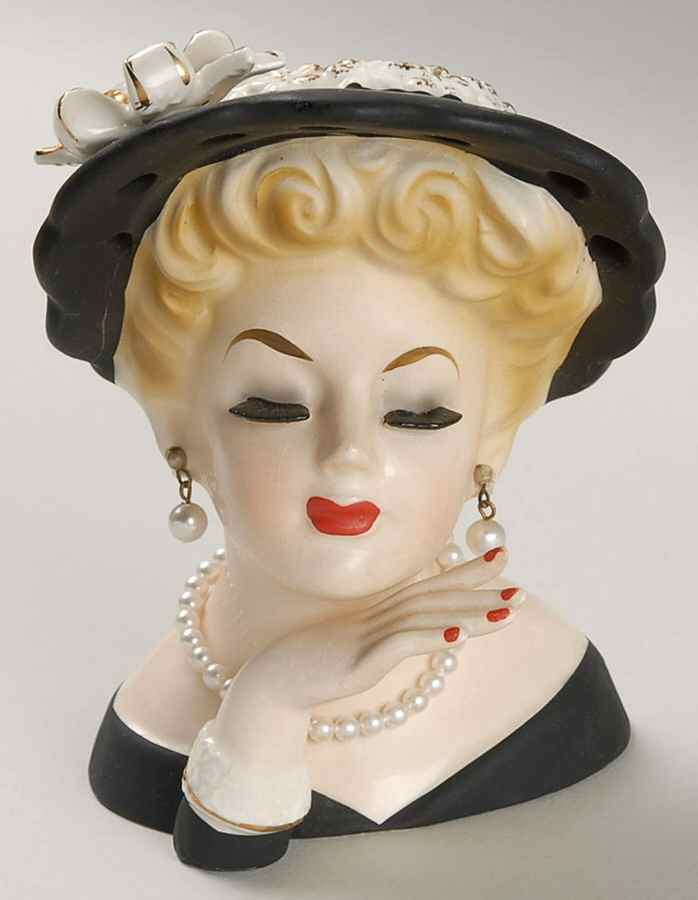 Inarco Head Vases Lady Blk Hat/Drs Hand Up  - No Box by Inarco (Japan)-1