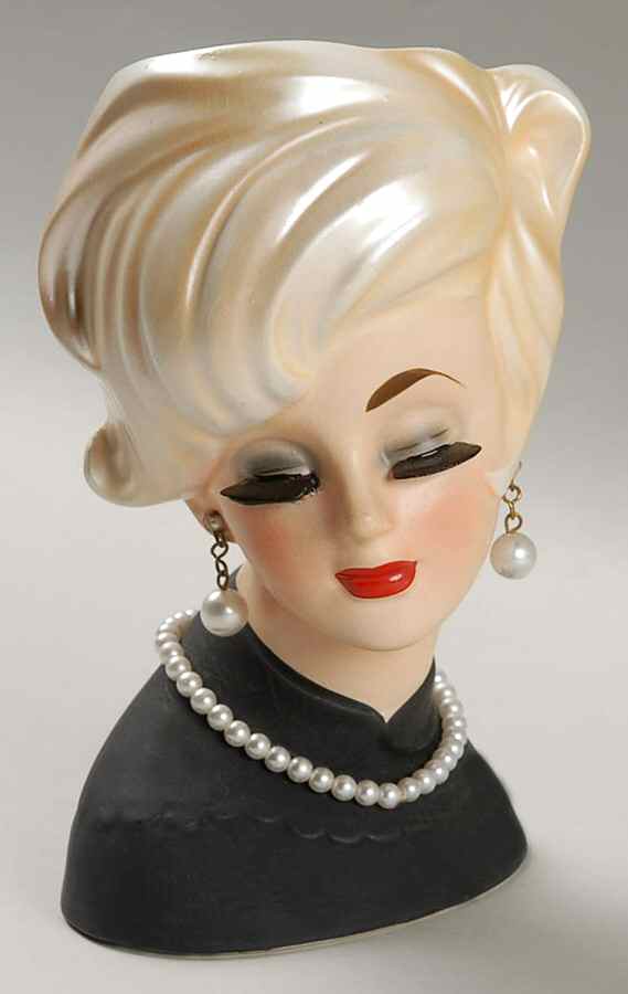 Inarco Head Vases Lady Black Dress-Pearls Blonde Hair - No Box by Inarco (Japan)-1