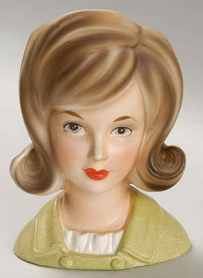 Inarco Head Vases Lady Green Jacket Brn Hair - No Box by Inarco (Japan)-1