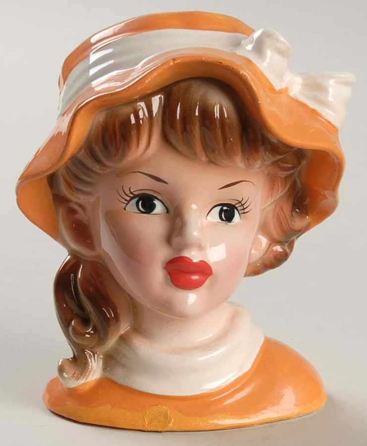 Inarco Head Vases Teen/Girl Orange Hat/Dress - No Box by Inarco (Japan)-1