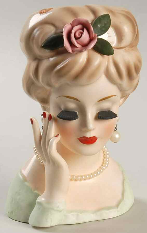 Inarco Head Vases Lady Grn Drs Rose In Hr Hnd Up - No Box by Inarco (Japan)-1