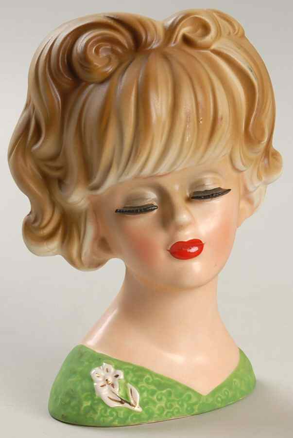 Inarco Head Vases Lady Closed Eyes Green Dress Wht  - No Box by Inarco (Japan)-1