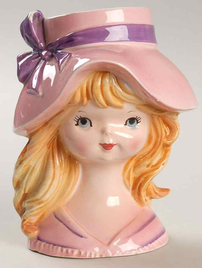 Inarco Head Vases Girl Pinkhat & Drss Purple Bow - No Box by Inarco (Japan)-1