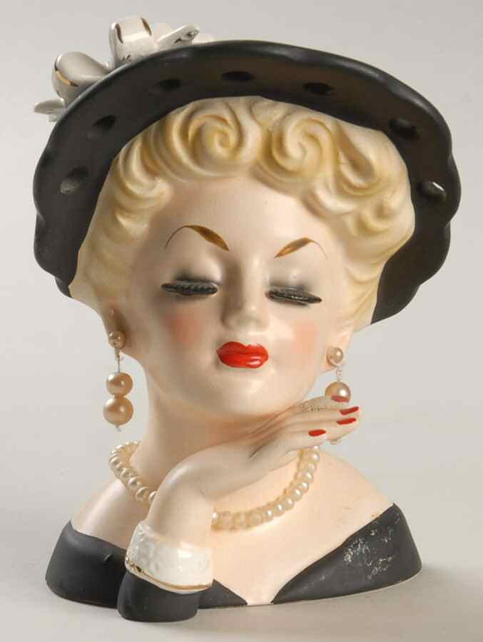 Inarco Head Vases Lady Blk Hat/Drs Hand Up  - No Box by Inarco (Japan)-1
