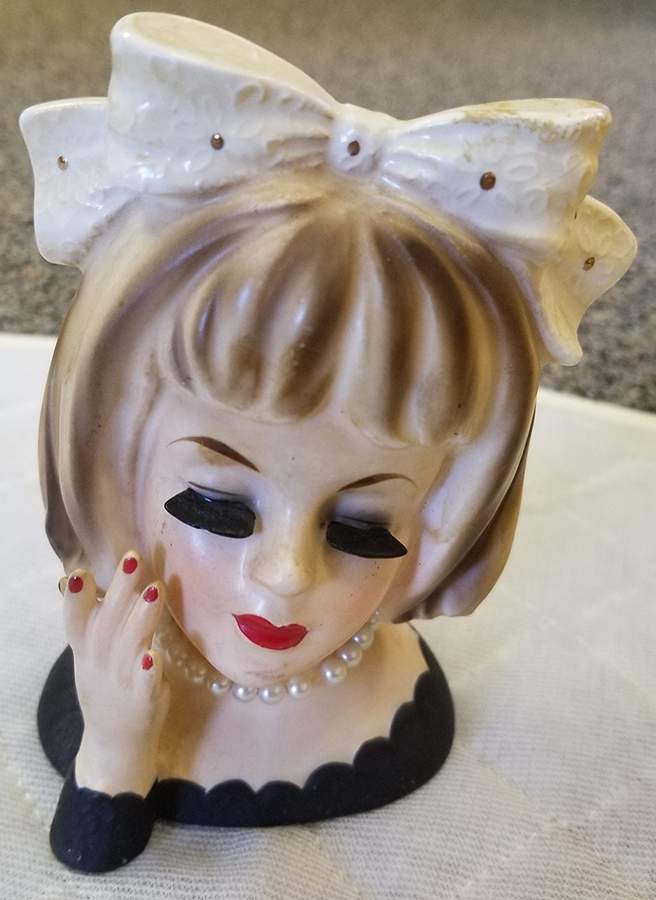 Inarco Head Vases Lady W/ Black Dress/White Bow - No Box 61b by Inarco (Japan)-1