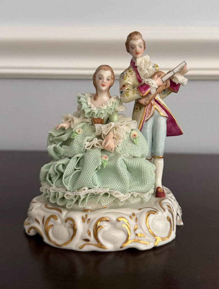 Irish Dresden Lace Figurines Love Story - Green Dress - No Box by Muller & Co-1