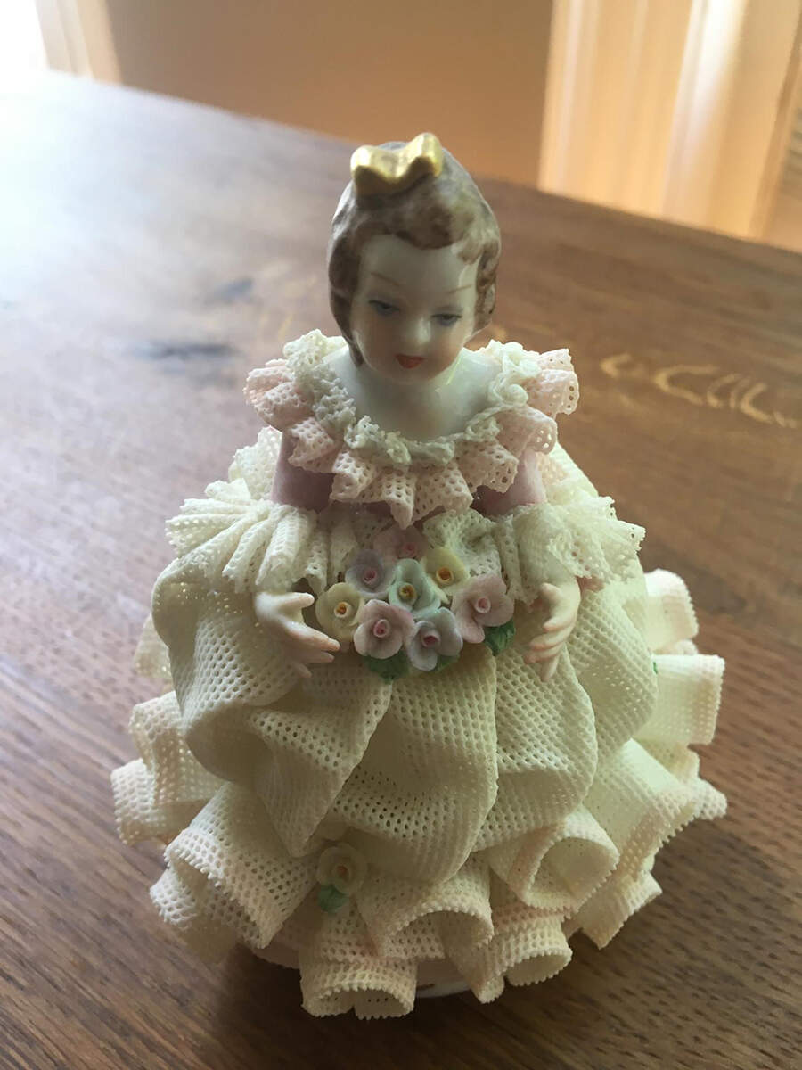 Irish Dresden Lace Figurines Martina - White And Pink - Boxed by Muller & Co-1