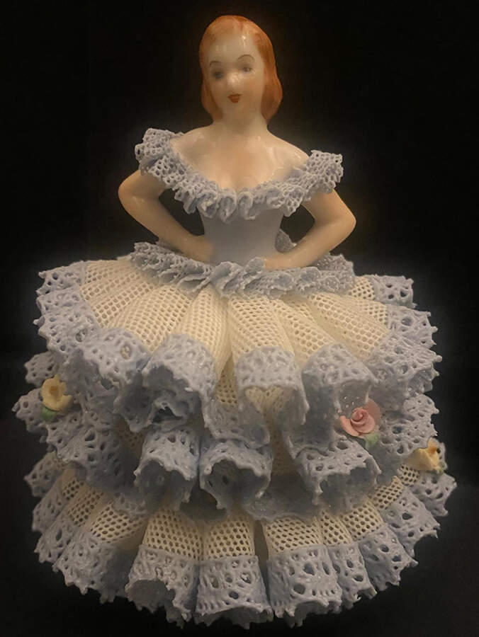 Irish Dresden Lace Figurines Mary-Ann White And Blue - Boxed by Muller & Co-1