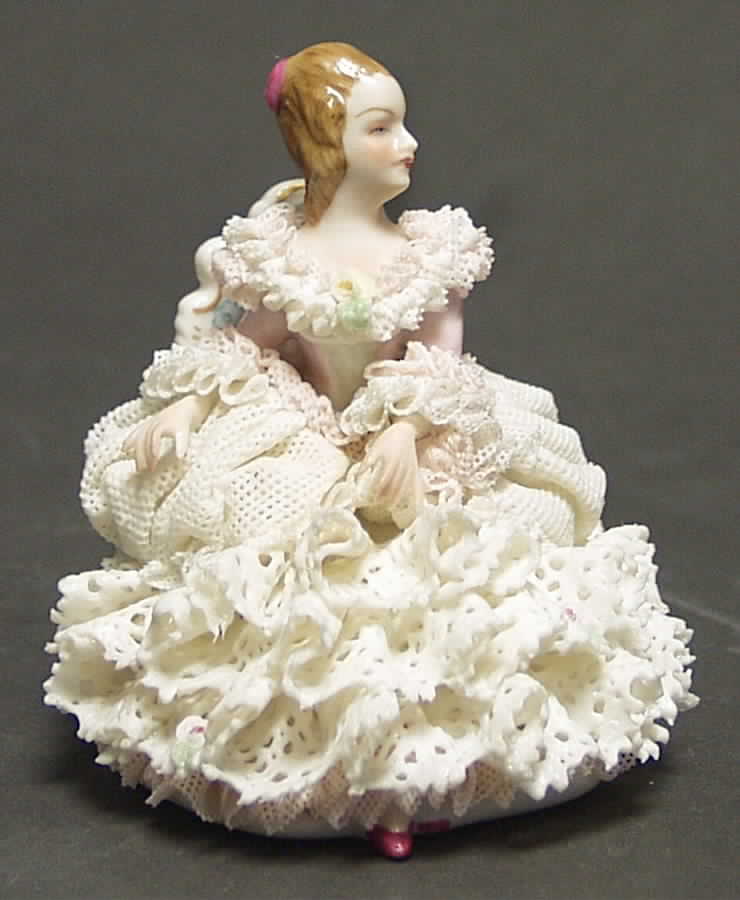 Irish Dresden Lace Figurines Lady - Pink &White Dress - Boxed by Muller & Co-1