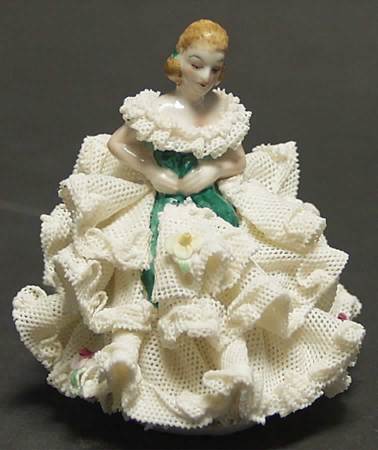 Irish Dresden Lace Figurines White Dress Green Sash - No Box by Muller & Co-1