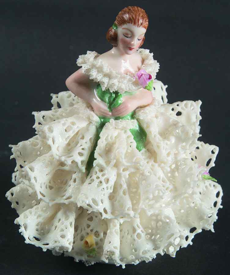 Irish Dresden Lace Figurines White Dress Green Sash - No Box by Muller & Co-1