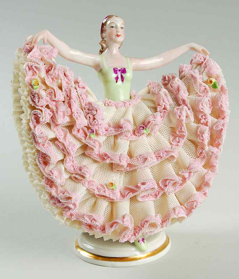 Irish Dresden Lace Figurines Madame Butterfly - Pink Bow - Boxed by Muller & Co-1