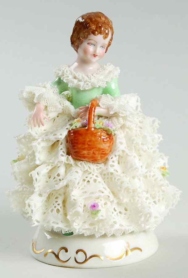 Irish Dresden Lace Figurines Girl With Basket - Boxed by Muller & Co-1