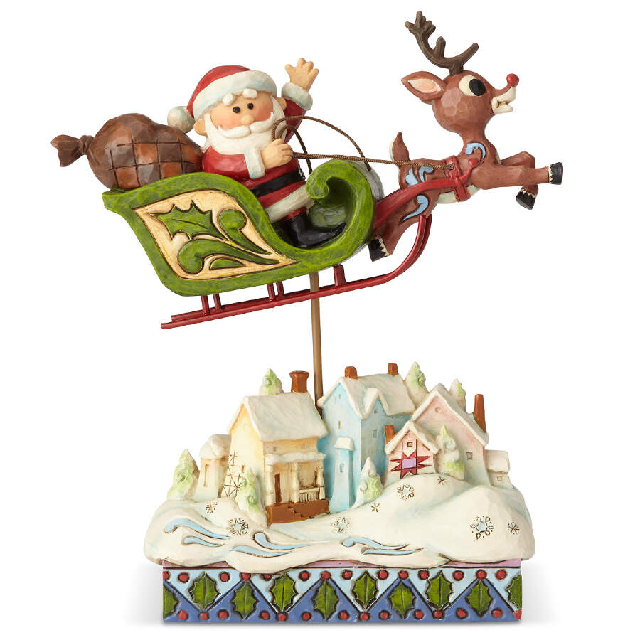 Rudolph the Red-Nosed Reindeer Traditions Santa & Rudolph Over Village - Boxed by Jim Shore-1