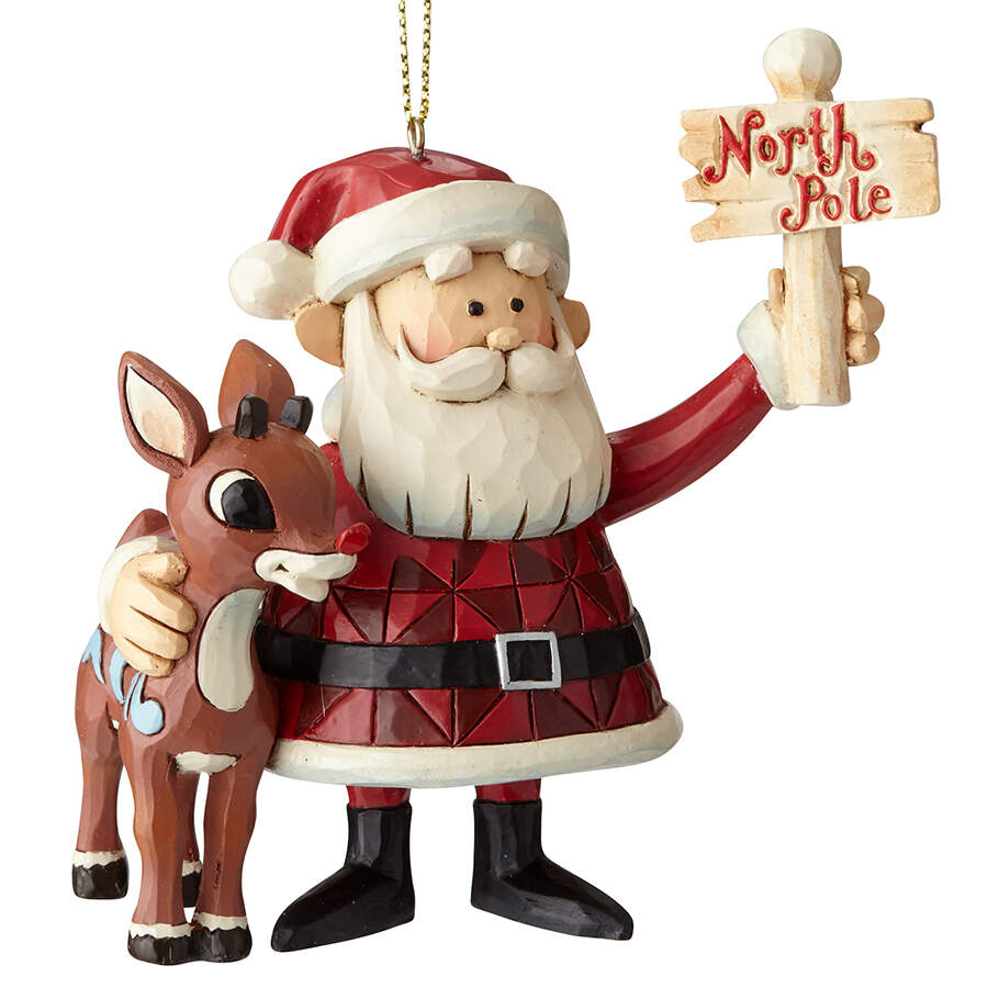 Rudolph Traditions Ornaments Santa & Rudolph With North Pole Sign - Boxed by Jim Shore-1
