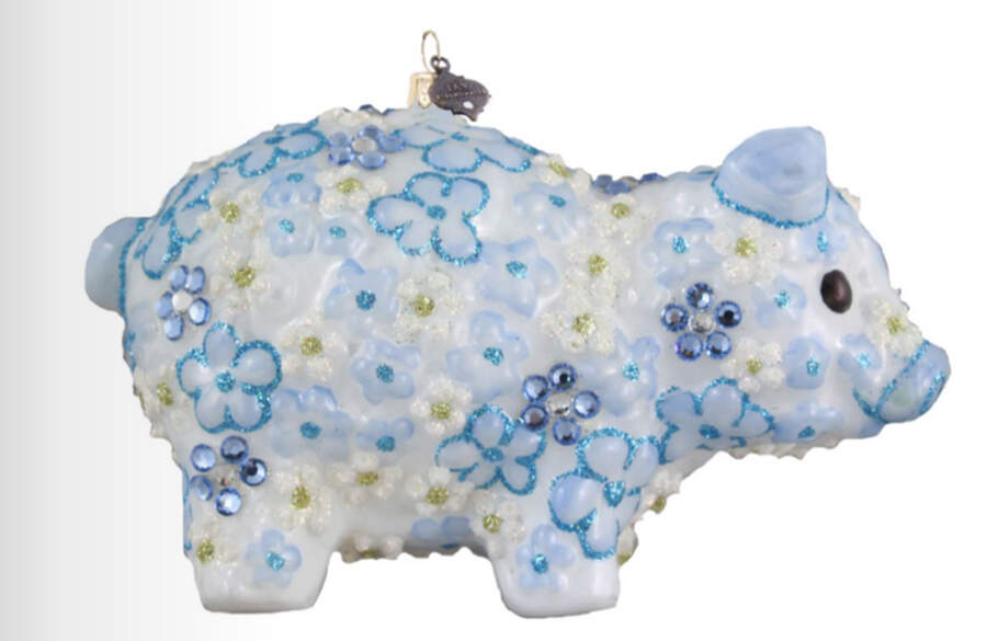 Baby's First Christmas Blue Floral Piggy - Boxed by Jay Strongwater-1