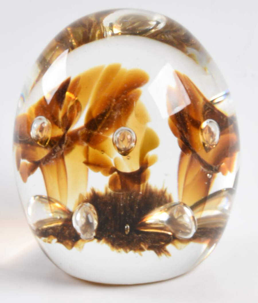 Paperweight By Joe St. Clair Egg;Amber Trumpet Flowers,Bubbles - No Box by Joe St. Clair Glass-1