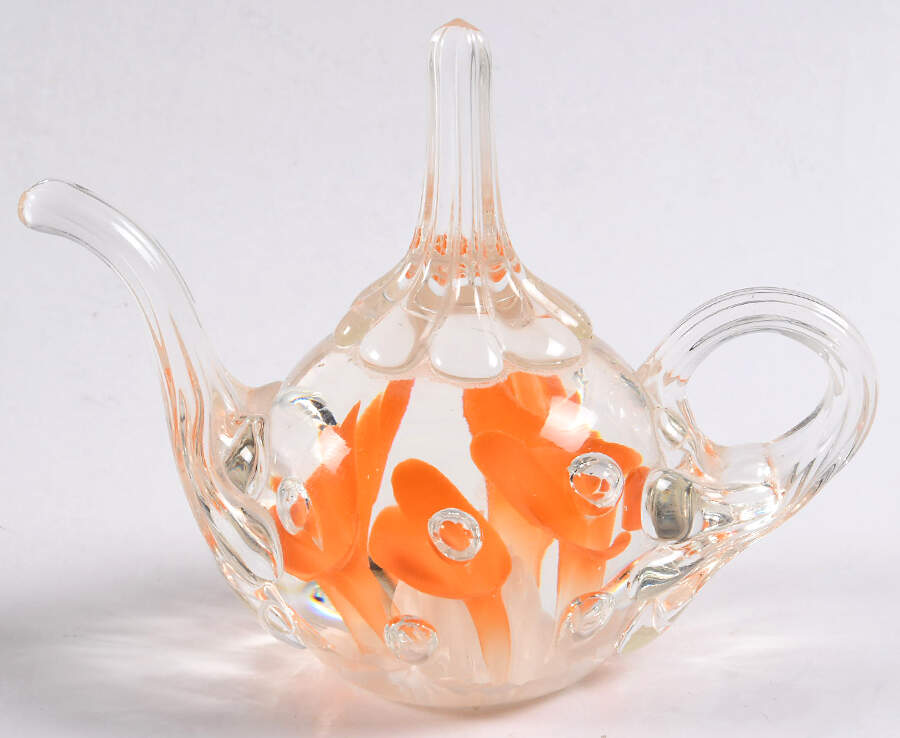 Paperweight By Joe St. Clair Teapot Ringholder,Orange Flowers - No Box by Joe St. Clair Glass-1