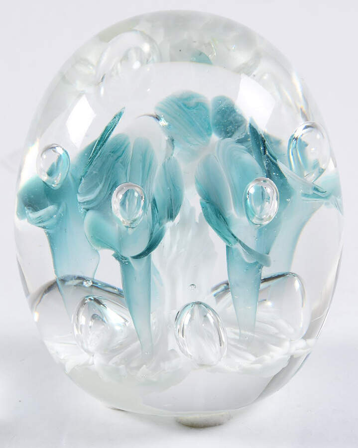 Paperweight By Joe St. Clair Egg,Clear, Teal Trumpet Flowers,Bubbles - No Box by Joe St. Clair Glass-1