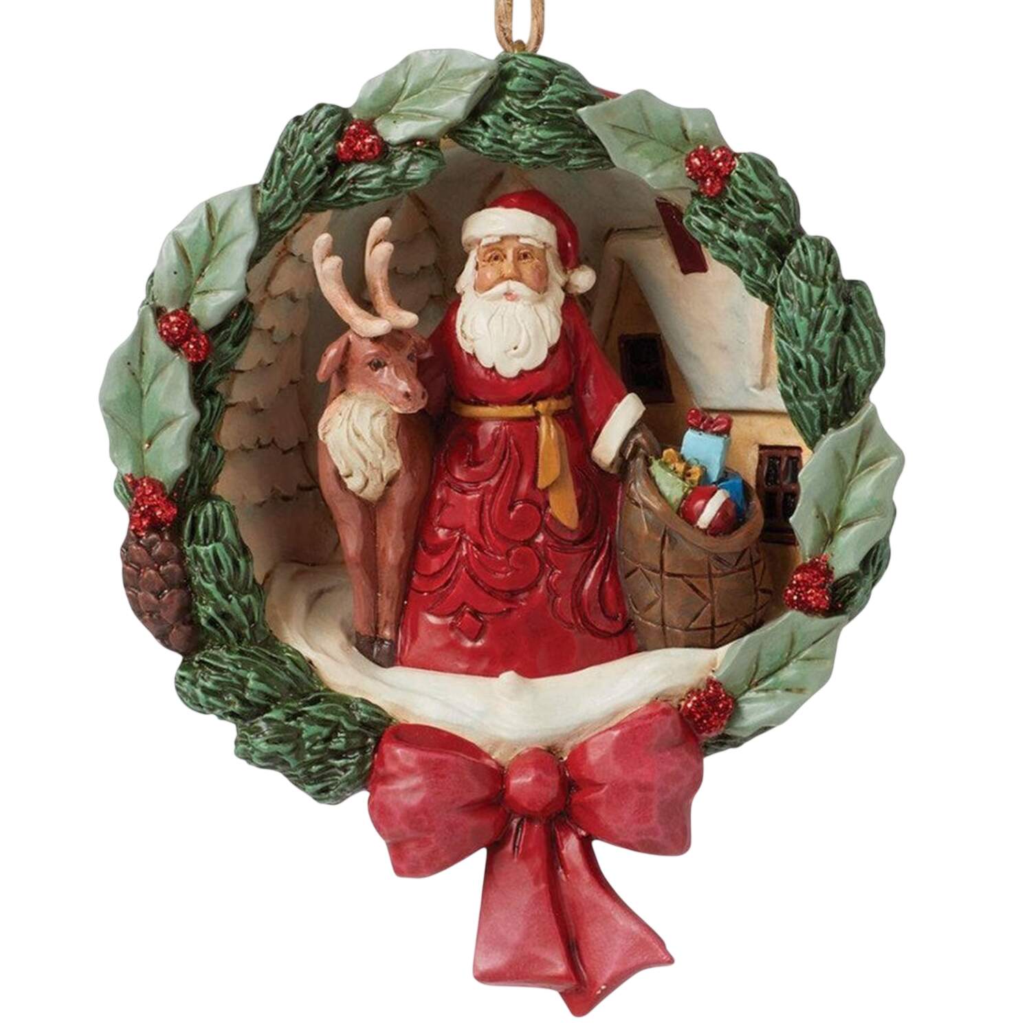 Santa Ornaments Santa And Deer Wreath - Boxed by Jim Shore-1